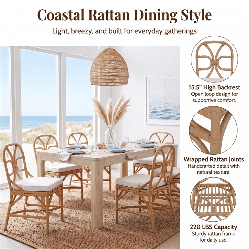 NPD Furniture - Eira Rattan Dining Side Chair - White - Natural Wheat Rattan