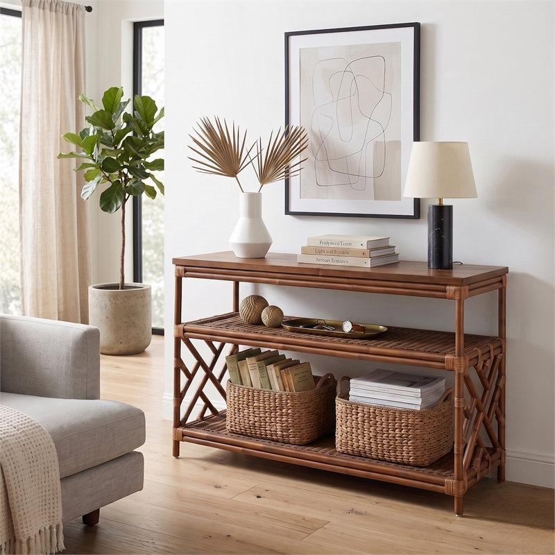 NPD Furniture - Sorea Console - Cane Brown Rattan Base - Wood Top