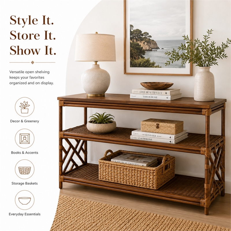 NPD Furniture - Sorea Console - Cane Brown Rattan Base - Wood Top
