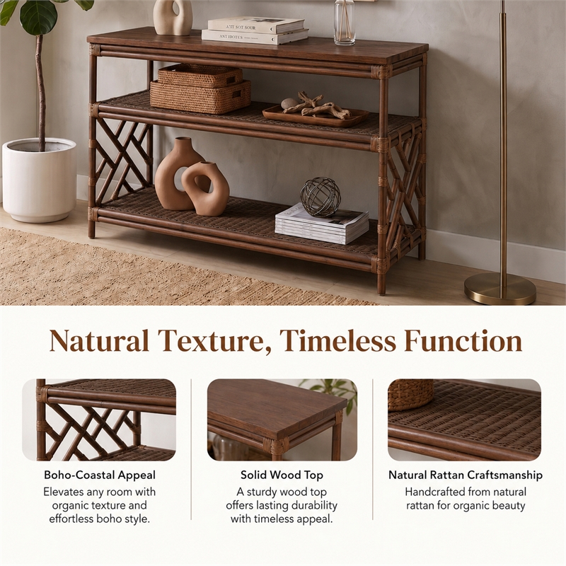 NPD Furniture - Sorea Console - Cane Brown Rattan Base - Wood Top