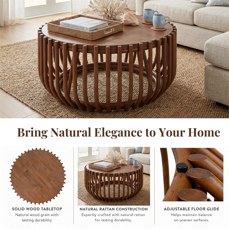 NPD Furniture - Bexa Coffee Table - Cane Brown Rattan Base - Wood Top