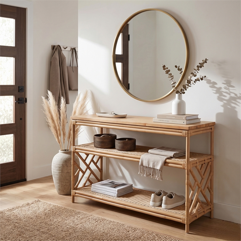 NPD Furniture - Sorea Console - Natural Wheat Rattan Base - Wood Top