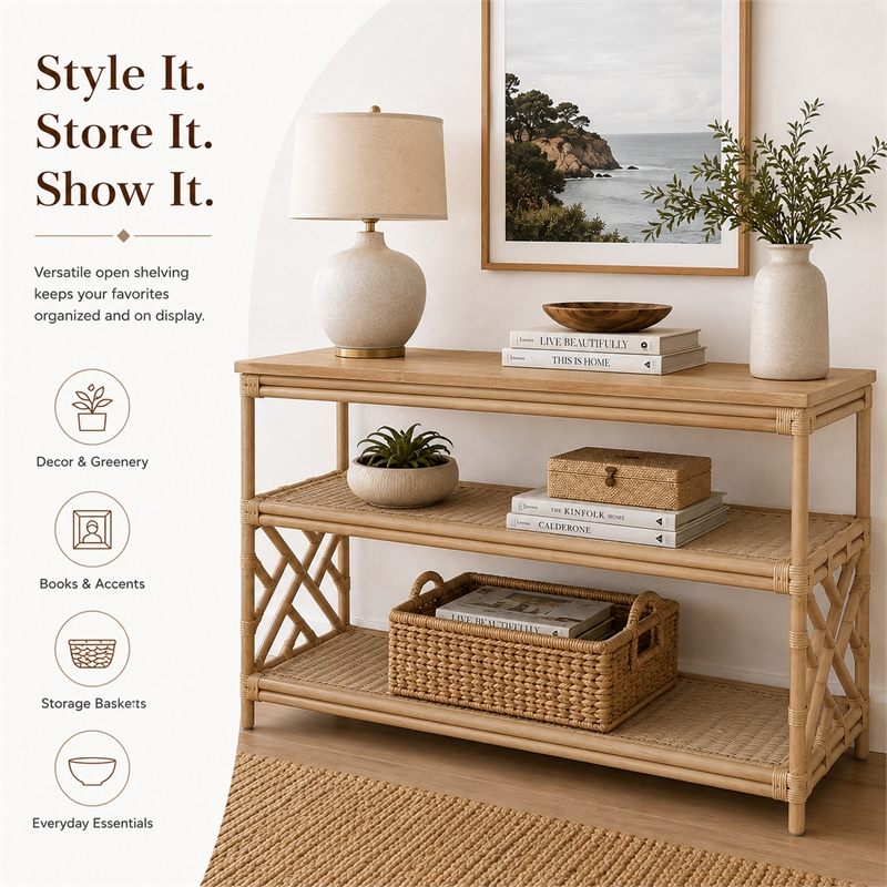 NPD Furniture - Sorea Console - Natural Wheat Rattan Base - Wood Top