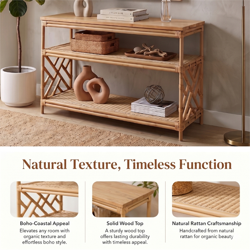 NPD Furniture - Sorea Console - Natural Wheat Rattan Base - Wood Top