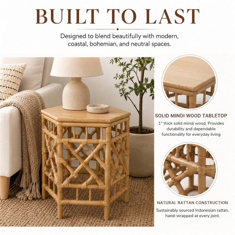 NPD Furniture - Kano Accent Table - Natural Wheat Rattan Base - Wood Top