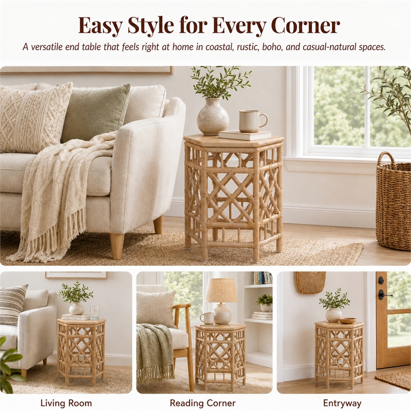 NPD Furniture - Kano Accent Table - Natural Wheat Rattan Base - Wood Top