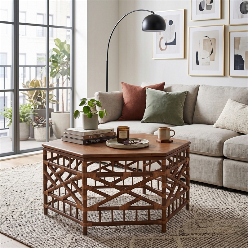 NPD Furniture - Kano Coffee Table - Cane Brown Rattan Base - Wood Top