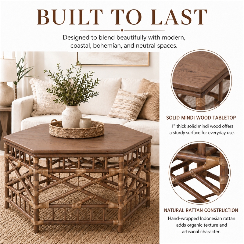 NPD Furniture - Kano Coffee Table - Cane Brown Rattan Base - Wood Top