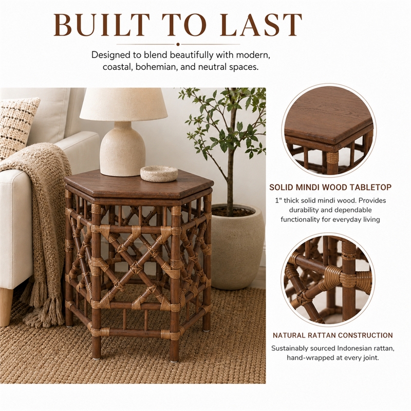 NPD Furniture - Kano Accent Table - Cane Brown Rattan Base - Wood Top