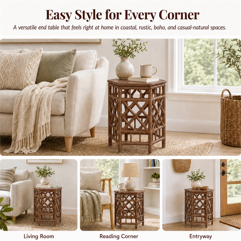 NPD Furniture - Kano Accent Table - Cane Brown Rattan Base - Wood Top