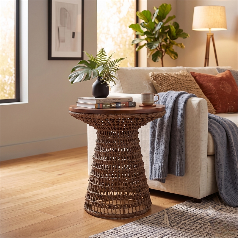 NPD Furniture - Calyx Accent Table - Natural Straw Seagrass Base - Brown Wood