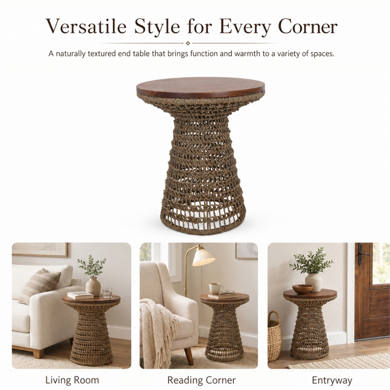 NPD Furniture - Calyx Accent Table - Natural Straw Seagrass Base - Brown Wood