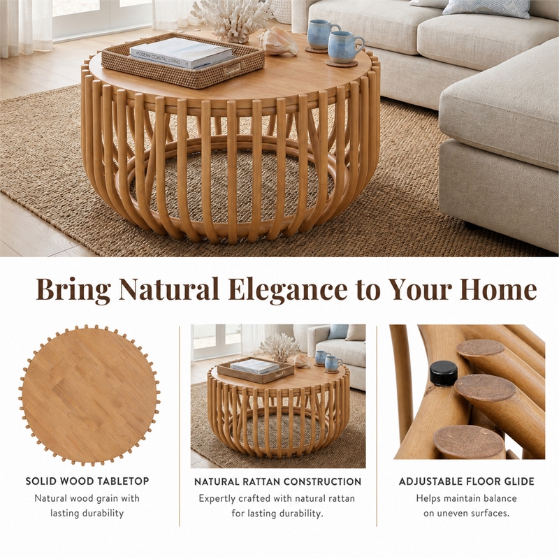 NPD Furniture - Bexa Coffee Table - Honey Rattan Base - Natural