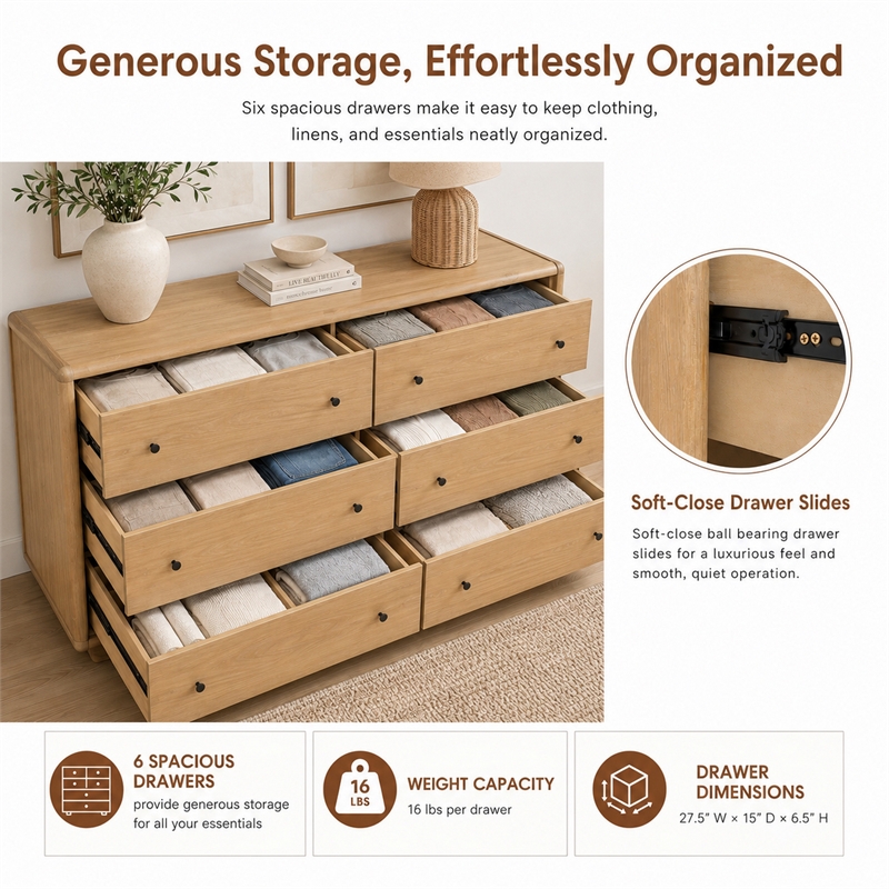 Rosette 6-Drawer Dresser - Light Natural - Acacia - Bedroom Furniture
