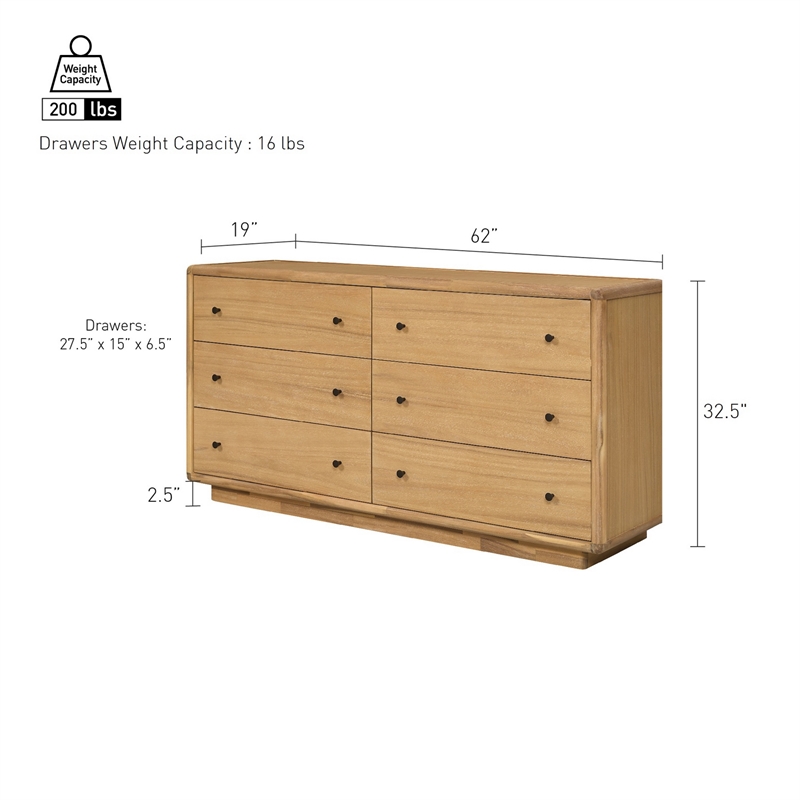 Rosette 6-Drawer Dresser - Light Natural - Acacia - Bedroom Furniture