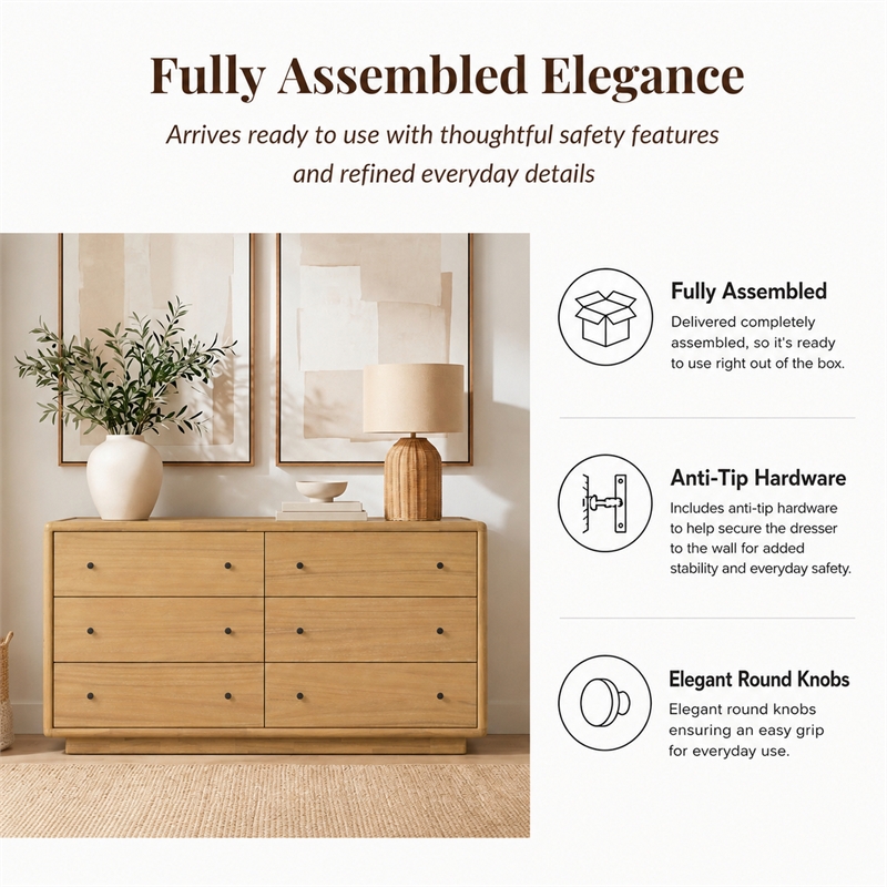 Rosette 6-Drawer Dresser - Light Natural - Acacia - Bedroom Furniture