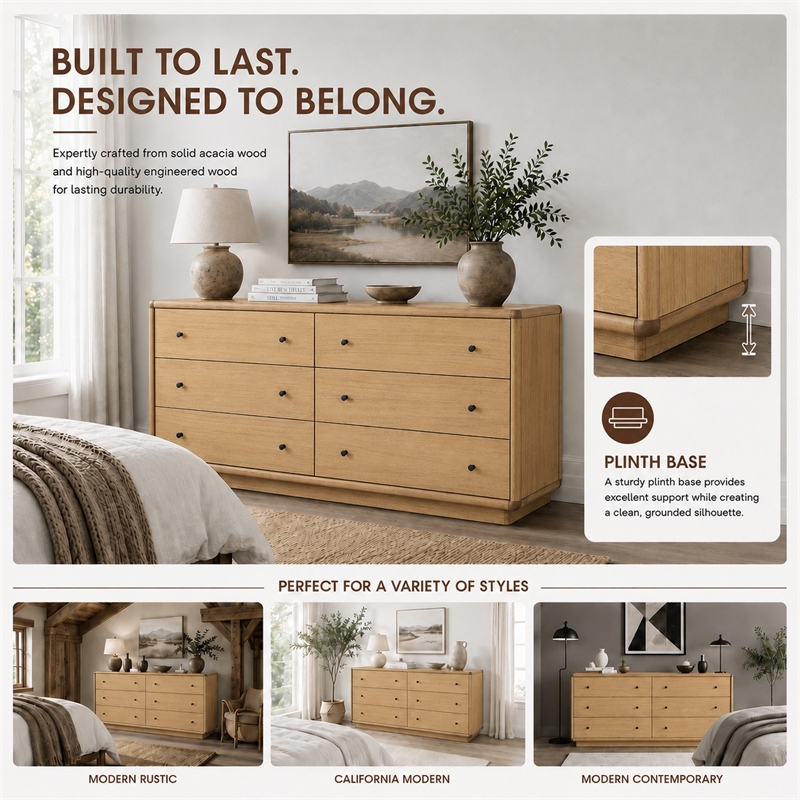 Rosette 6-Drawer Dresser - Light Natural - Acacia - Bedroom Furniture