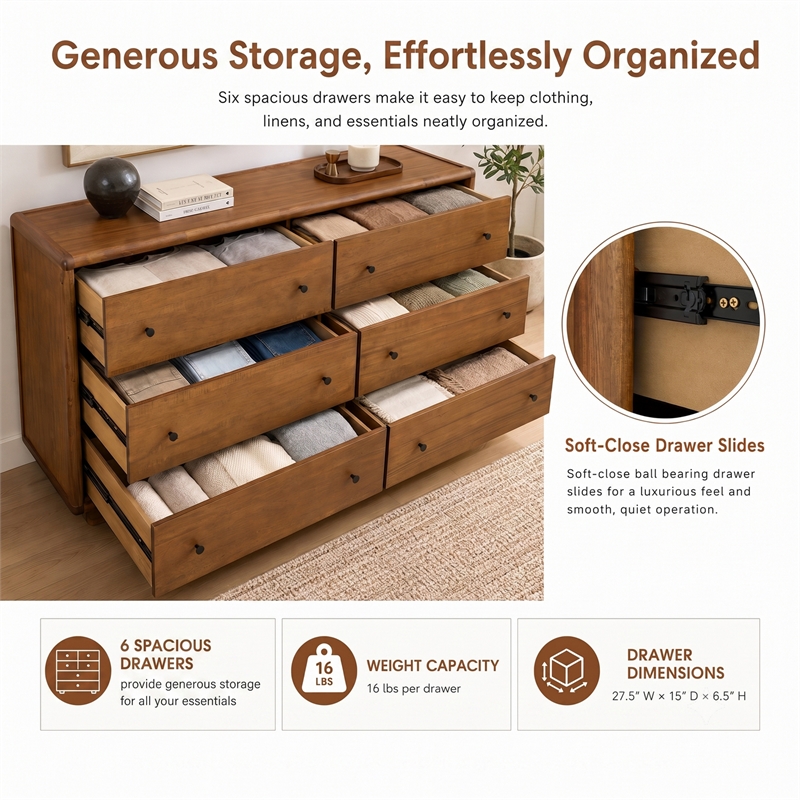Rosette 6-Drawer Dresser - Hazelnut Brown - Acacia - Bedroom Furniture