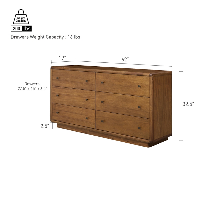 Rosette 6-Drawer Dresser - Hazelnut Brown - Acacia - Bedroom Furniture