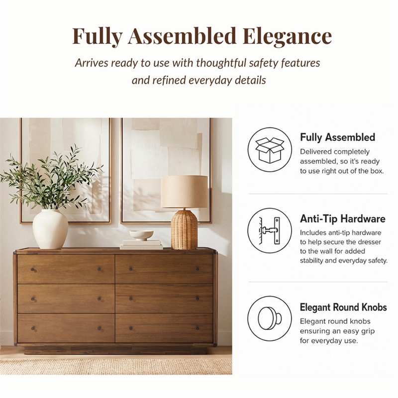 Rosette 6-Drawer Dresser - Hazelnut Brown - Acacia - Bedroom Furniture