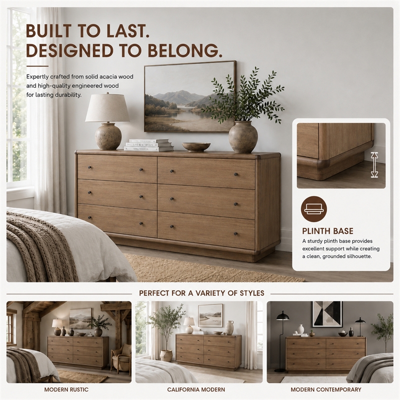 Rosette 6-Drawer Dresser - Hazelnut Brown - Acacia - Bedroom Furniture