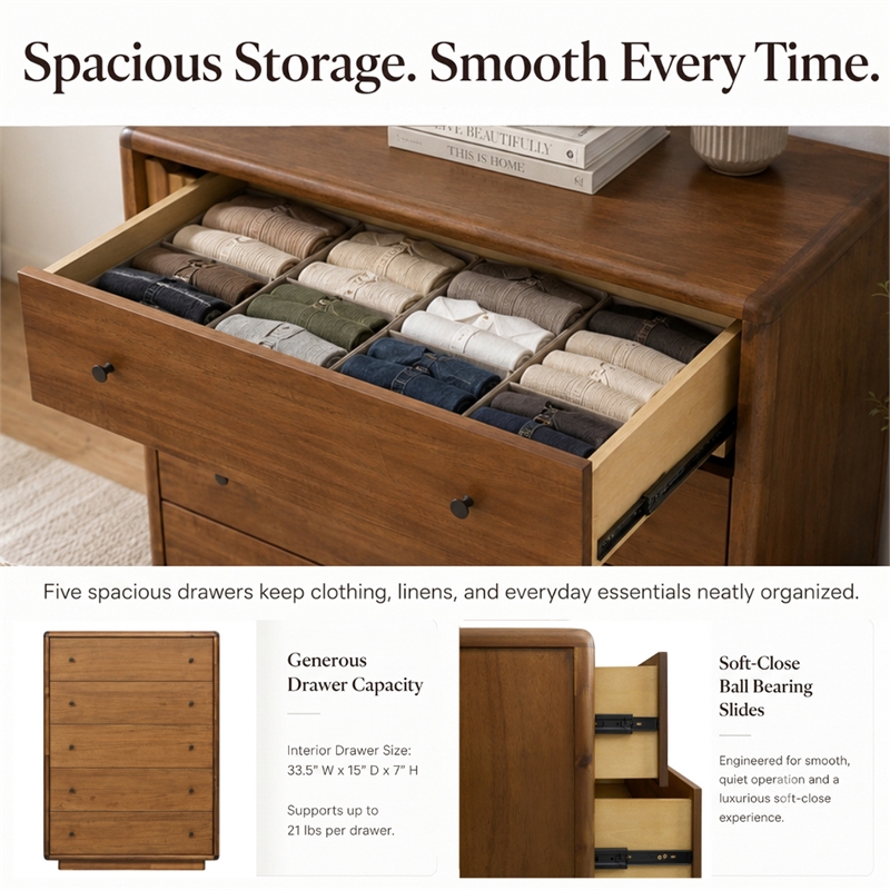 Rosette 5-Drawer Dresser - Hazelnut Brown - Acacia - Bedroom Furniture