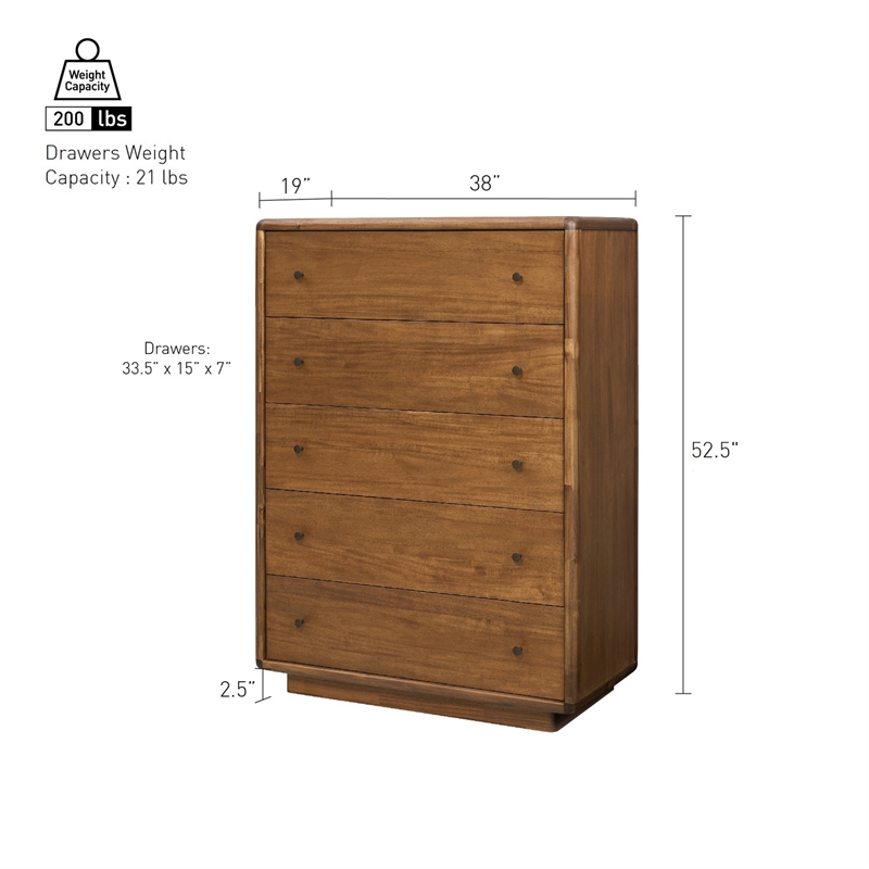 Rosette 5-Drawer Dresser - Hazelnut Brown - Acacia - Bedroom Furniture