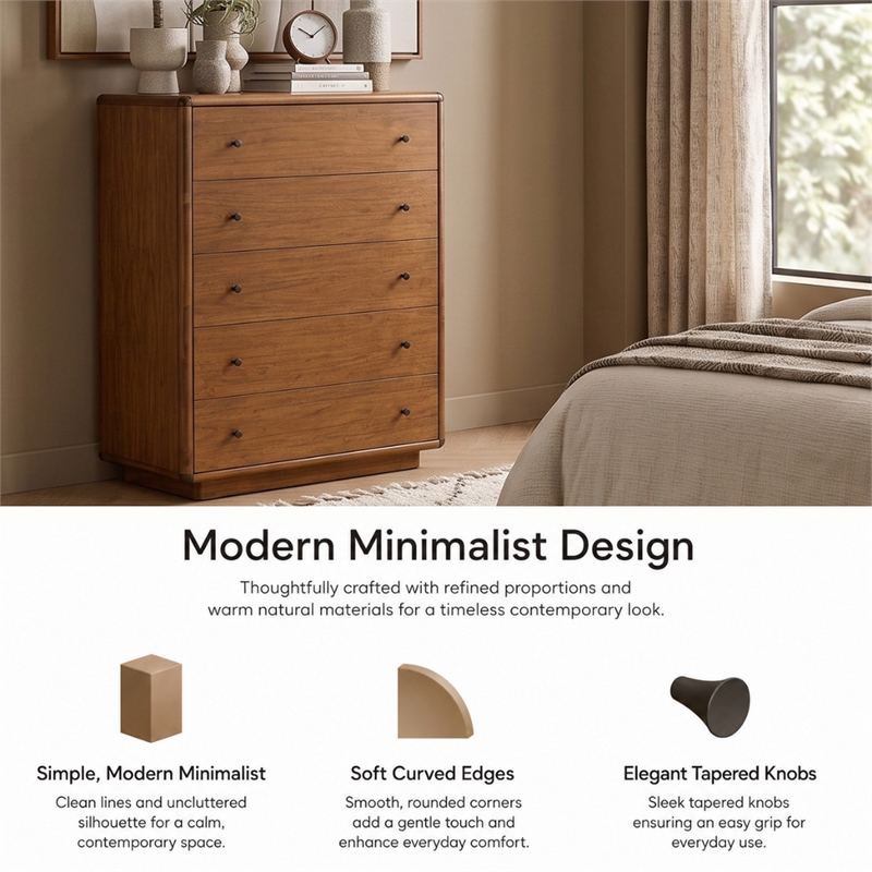 Rosette 5-Drawer Dresser - Hazelnut Brown - Acacia - Bedroom Furniture