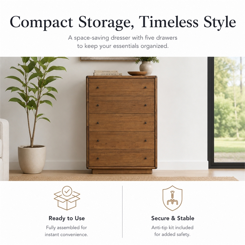 Rosette 5-Drawer Dresser - Hazelnut Brown - Acacia - Bedroom Furniture