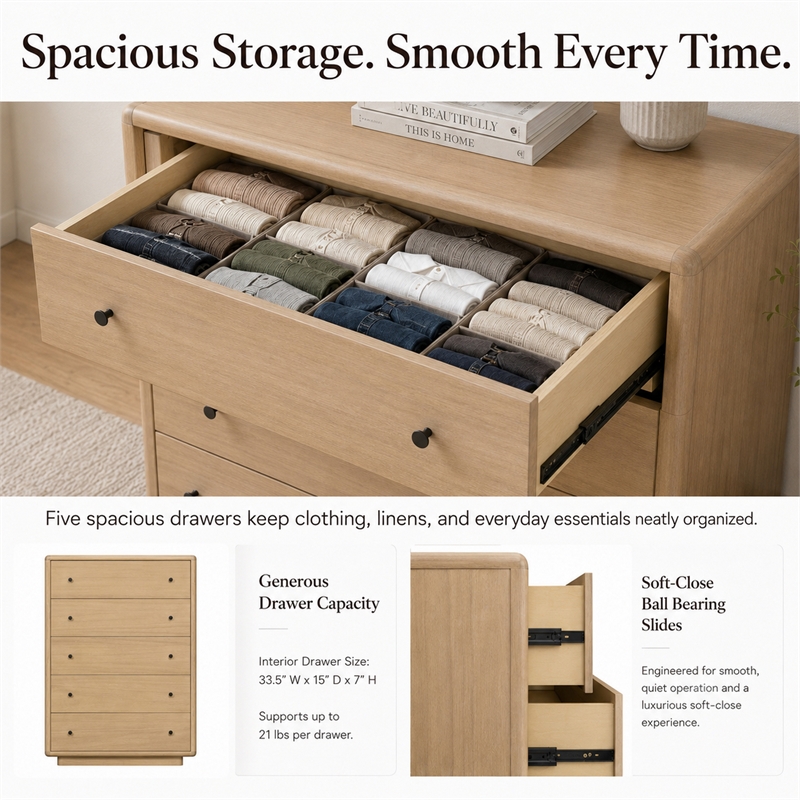 Rosette 5-Drawer Dresser - Light Natural - Acacia - Bedroom Furniture