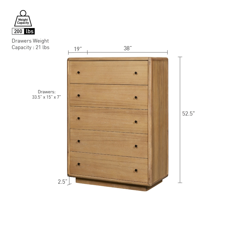 Rosette 5-Drawer Dresser - Light Natural - Acacia - Bedroom Furniture