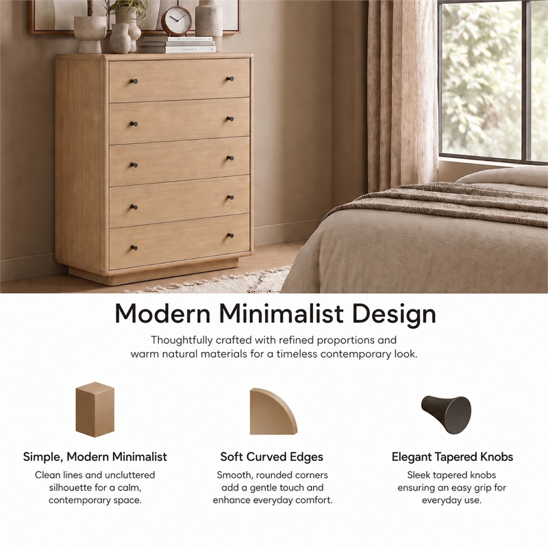 Rosette 5-Drawer Dresser - Light Natural - Acacia - Bedroom Furniture
