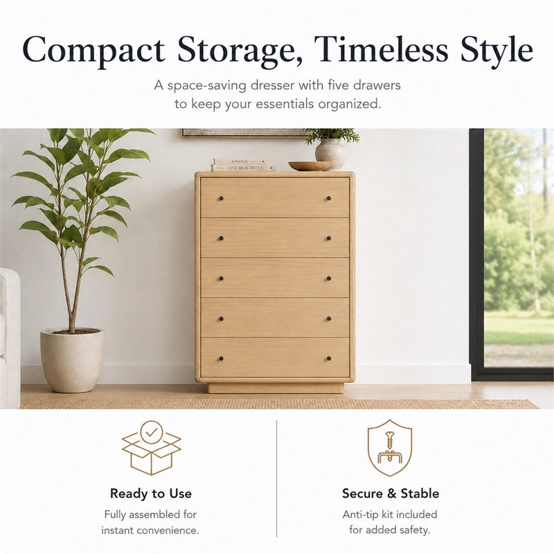 Rosette 5-Drawer Dresser - Light Natural - Acacia - Bedroom Furniture