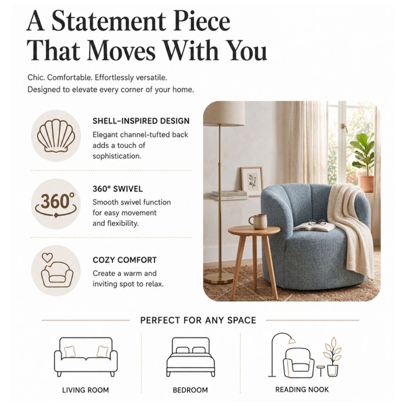 NPD Furniture - Elowen Swivel Accent Arm Chair - Heathered Blue Chenille