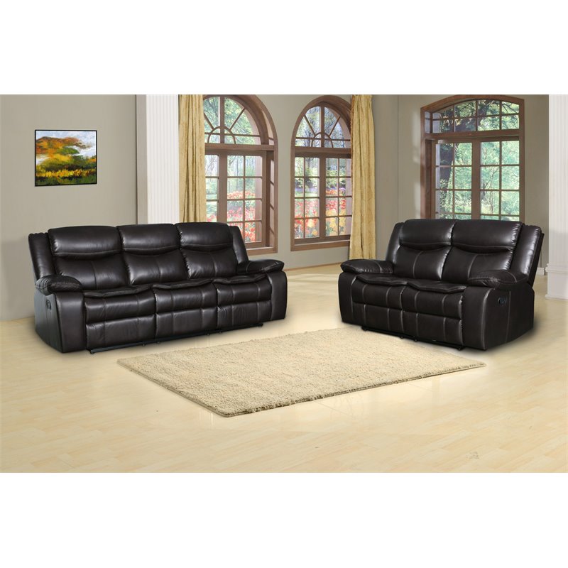 Titan Furnishings Transitional Faux Leather Reclining Sofa and Loveseat in Brown