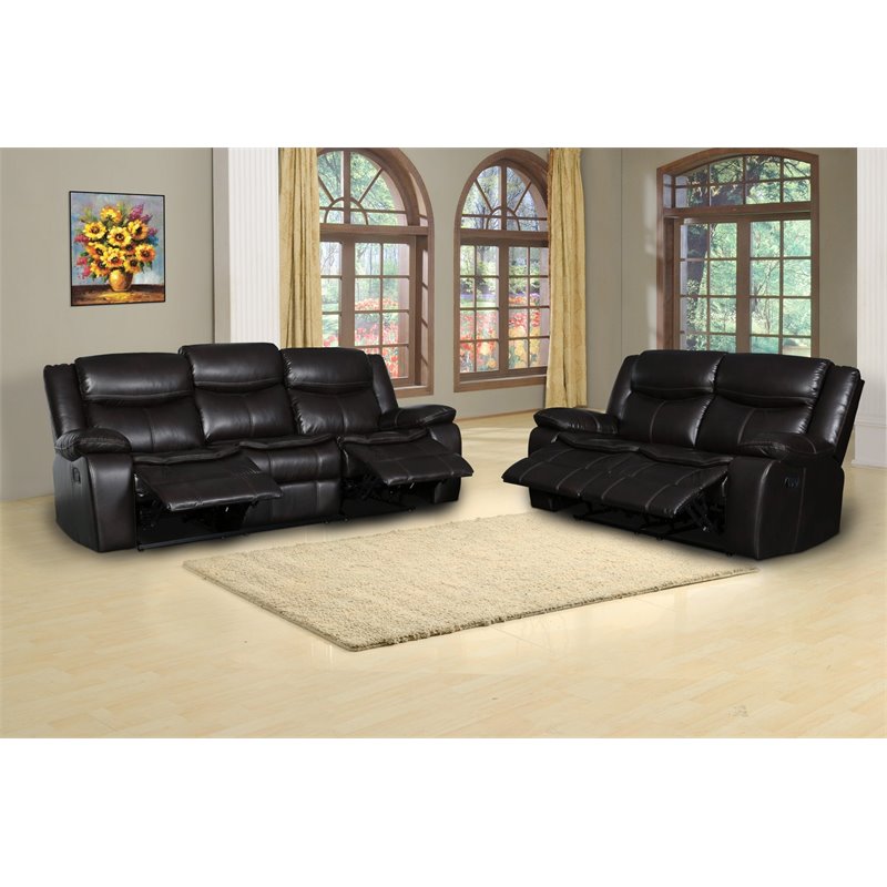 Titan Furnishings Transitional Faux Leather Reclining Sofa and Loveseat in Brown