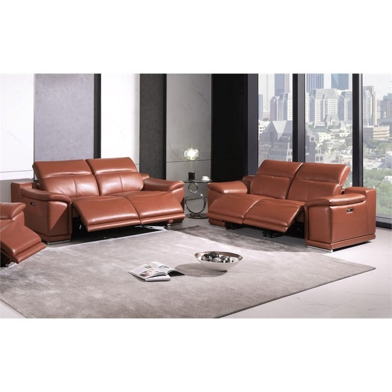 Titan Furnishings Genuine Leather Power Reclining Sofa & Loveseat in Camel Brown