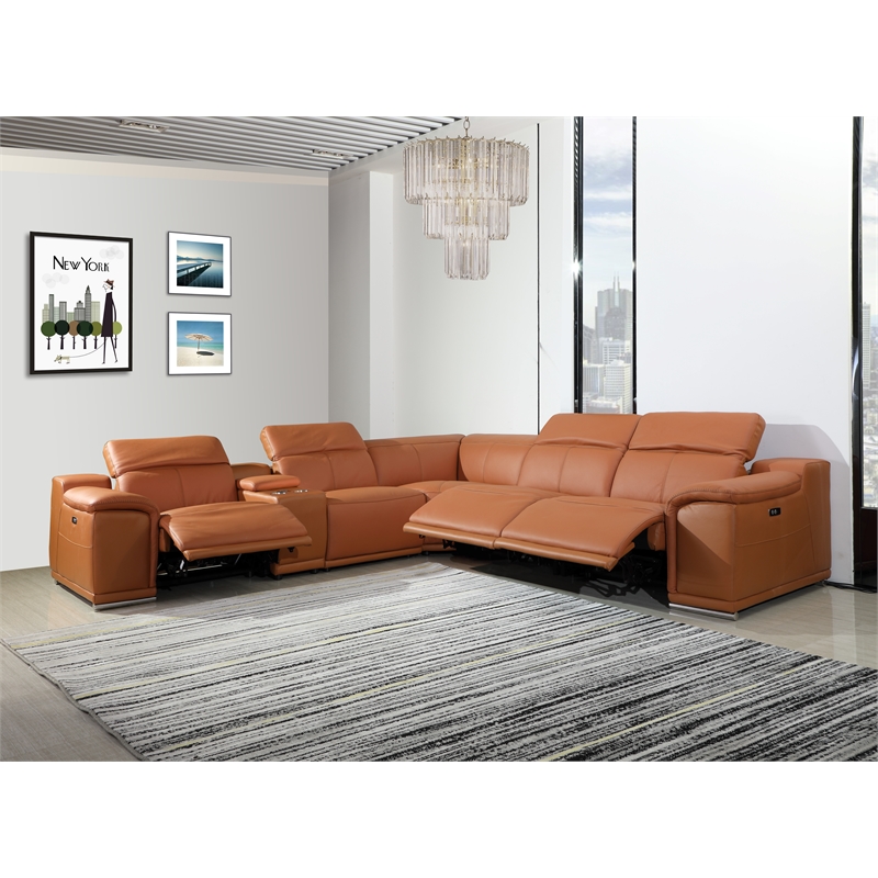 Titan Furnishings 6-Piece 1 Console 3-Power Reclining Leather Sectional in Brown