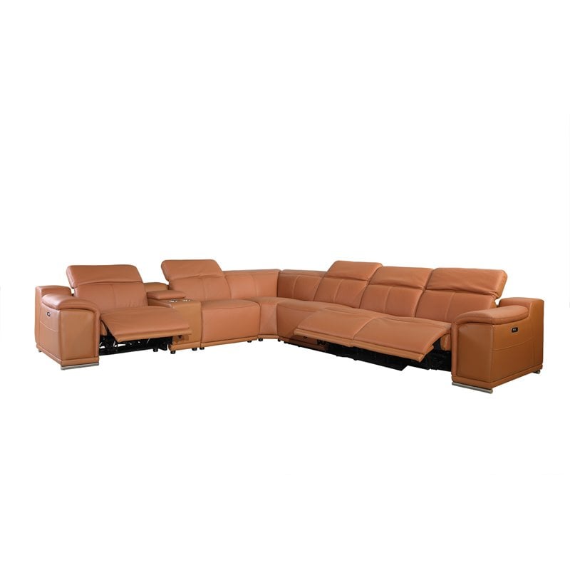 Titan Furnishings 7-Piece 1 Console 3-Power Reclining Leather Sectional in Brown