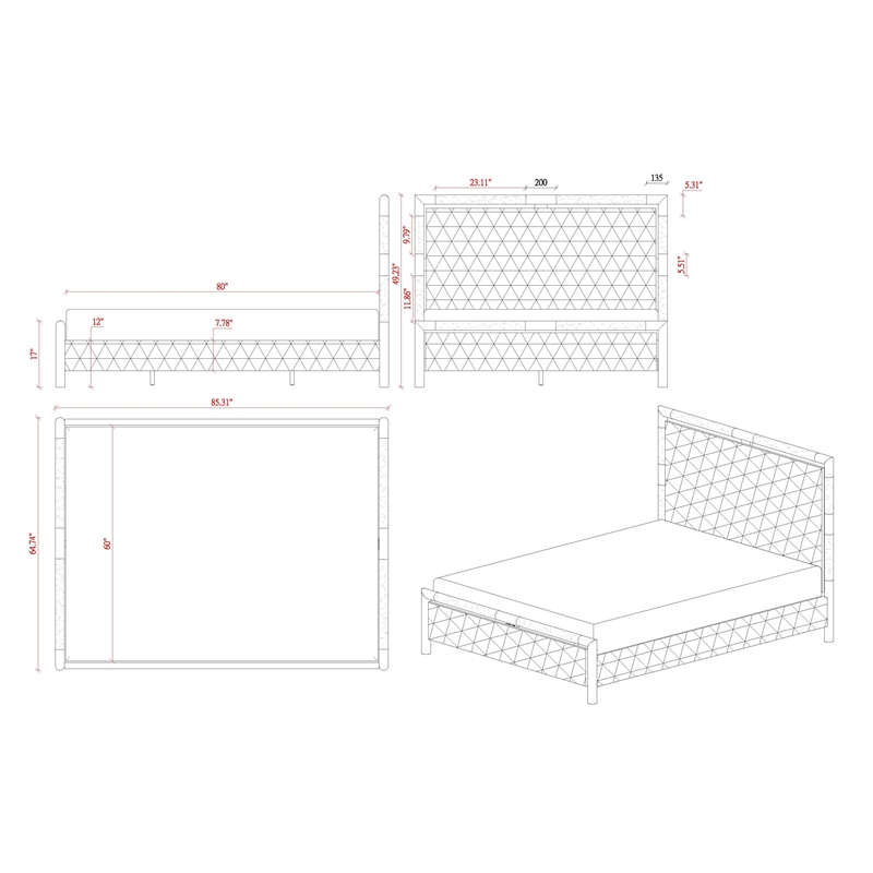 Milan Barry Metal & Faux Leather Diamond Stitched Queen-size Bed in Nickel/White