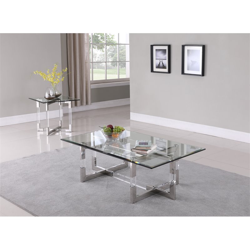 Milan Amanda Contemporary Steel and Glass Floating Base Lamp Table in Clear