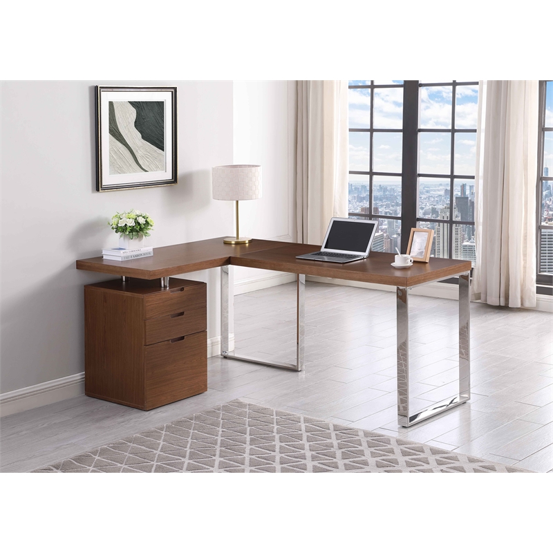 Milan Reversible Walnut Wooden Home Office Desk with 3-Drawer Cabinet