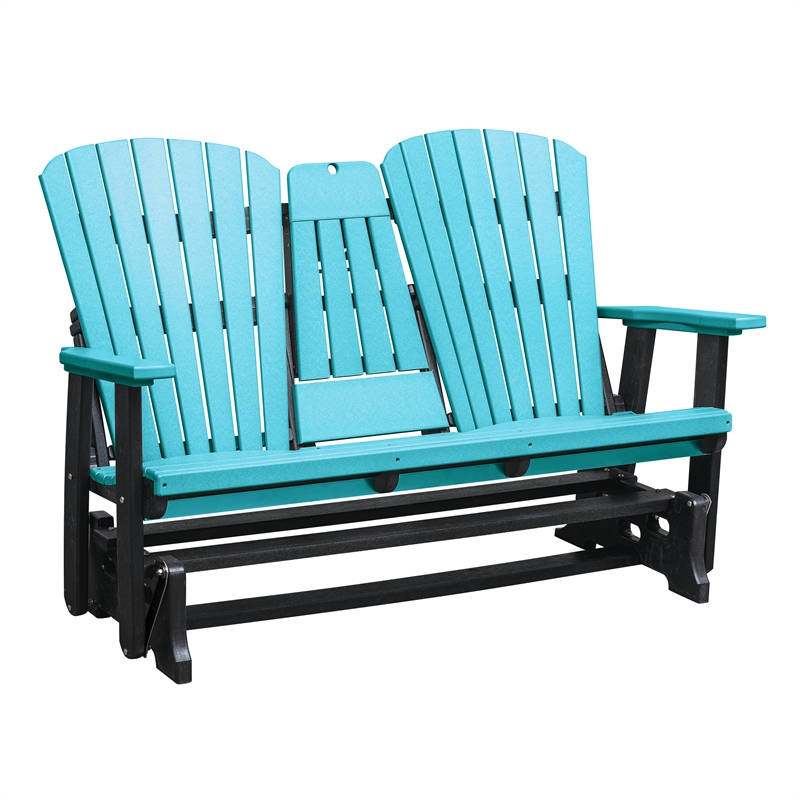 Two Seat Fan Back Glider with Drop Down Table/Cup Holder in Aruba Blue/Black