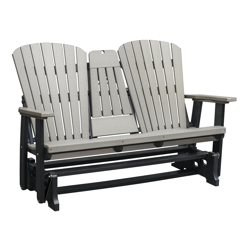 Two Seat Fan Back Glider with Drop Down Table/Cup Holder in Light Gray/Black
