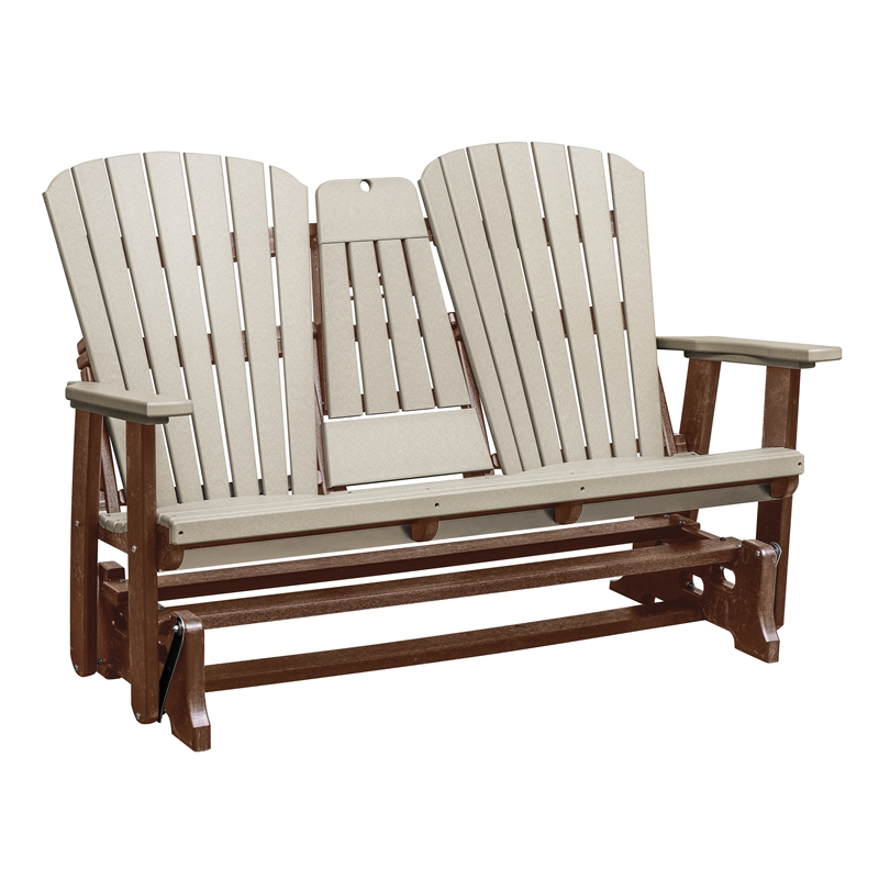 Two Seat Fan Back Glider with Drop Down Table/Cup Holder in Weatherwood/Tudor