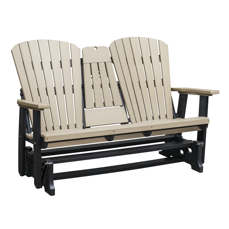 Two Seat Fan Back Glider with Drop Down Table/Cup Holder in Weatherwood/Black