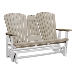 Two Seat Fan Back Glider with Drop Down Table/Cup Holder in Weatherwood/White