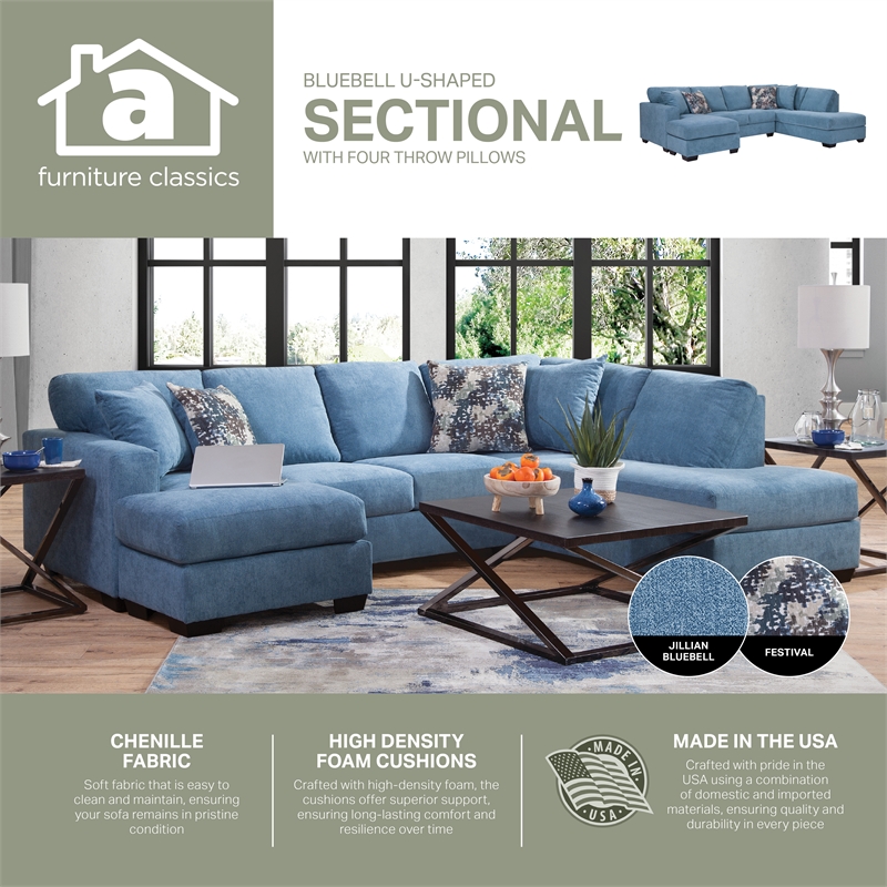 American Furniture Classics Bluebell U Shaped Sectional with 4 Throw Pillows