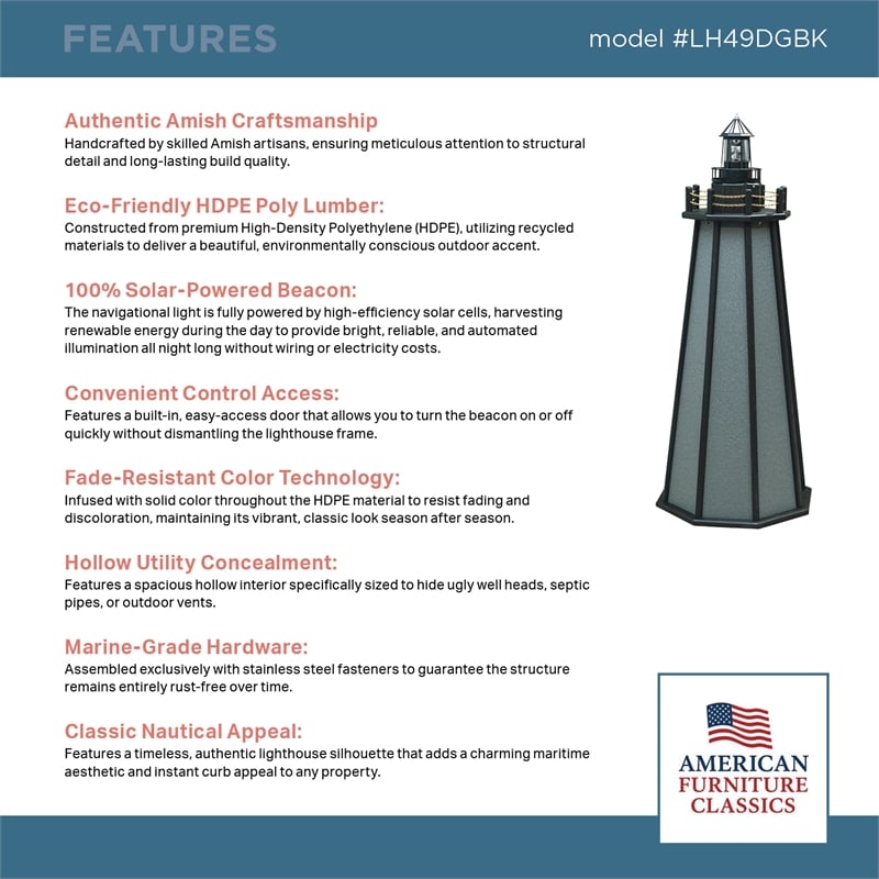 4 Ft High Density Polyethylene Outdoor Solar Lighthouse in Gray and Black