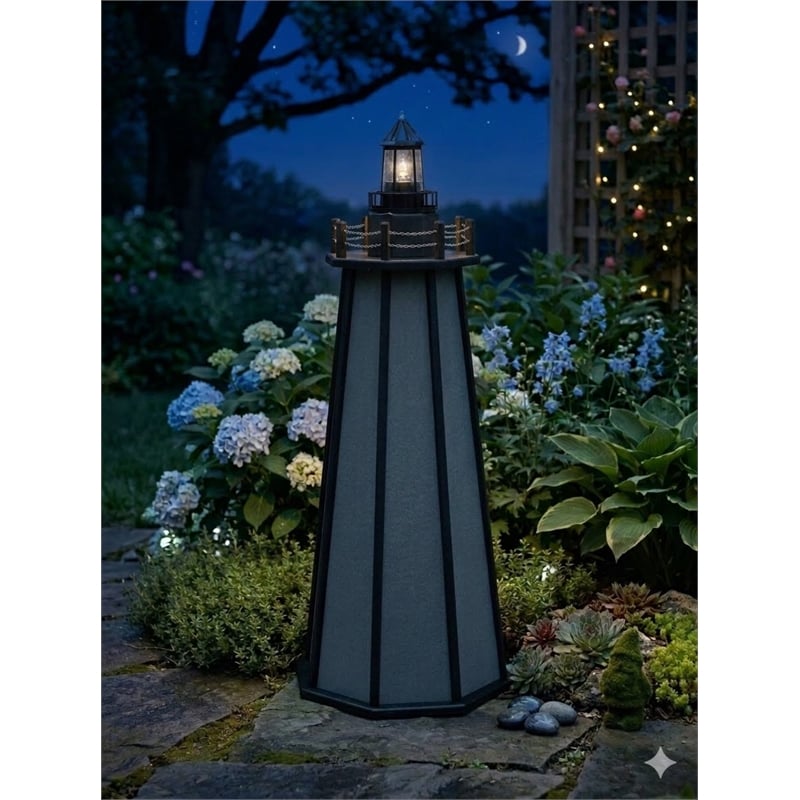 4 Ft High Density Polyethylene Outdoor Solar Lighthouse in Gray and Black